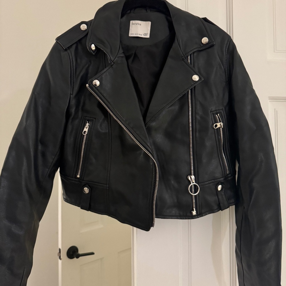 Cropped vegan leather moto jacket